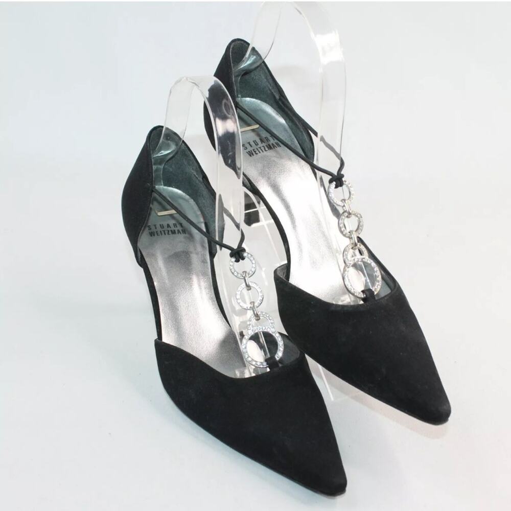 Stuart Weitzman Splendor Black Pointed Toe Pumps with Crystal Embellishment